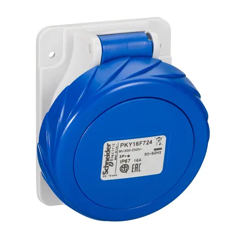 مقبس صناعي للوحات شنايدر PratiKa، 3P+E، 16 أمبير، 200–250 فولت، مائل، توصيل سريع، IP67 — PKY16F724